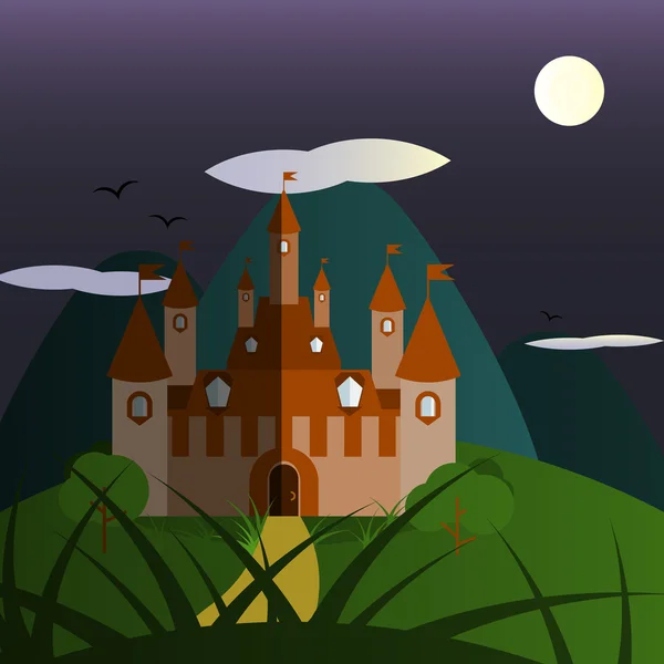 Oscuro violeta y verde noche castillo paisaje — Vector de stock