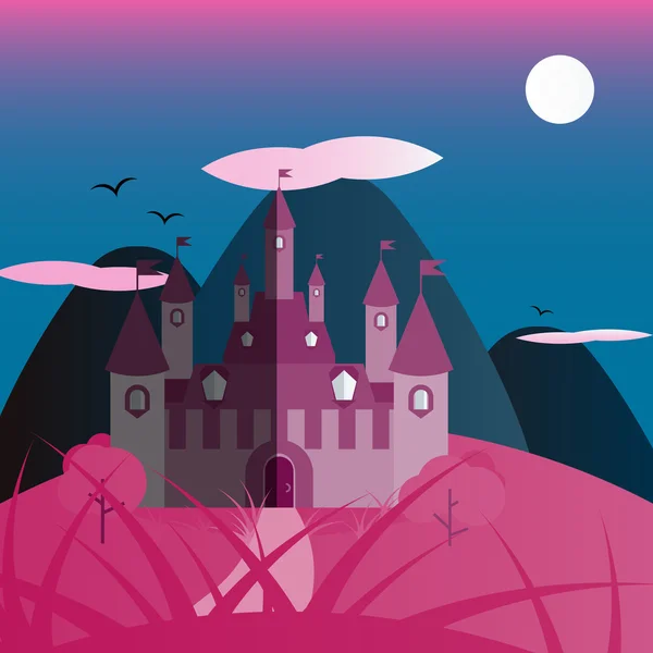 Rosa y azul noche castillo paisaje — Vector de stock