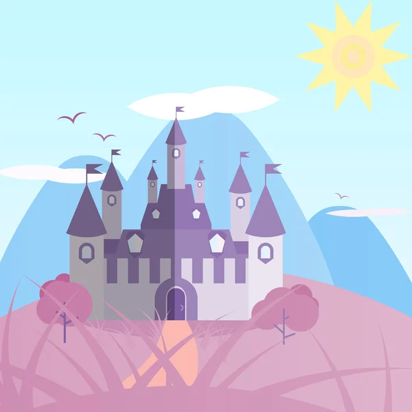 Paisaje del castillo de día azul y rosa — Vector de stock