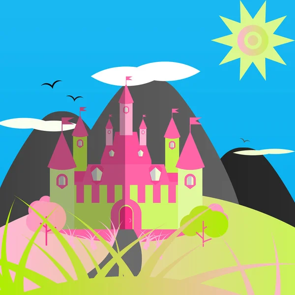 Çılgın renkli yeşil ve pembe gün kale manzara