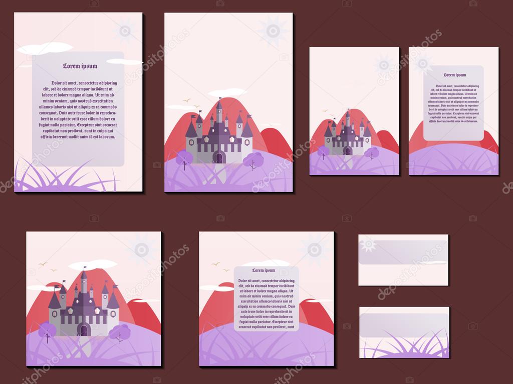 Rosa colorati brochure biglietti da visita con disegno del castello Bello e semplice illustrazione — Vettoriali di Frolique