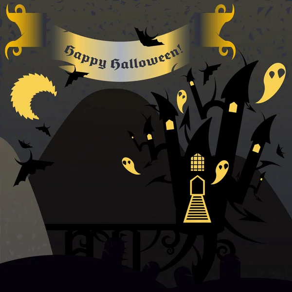 Gray and yellow halloween castle with a text banner — Stock Vector