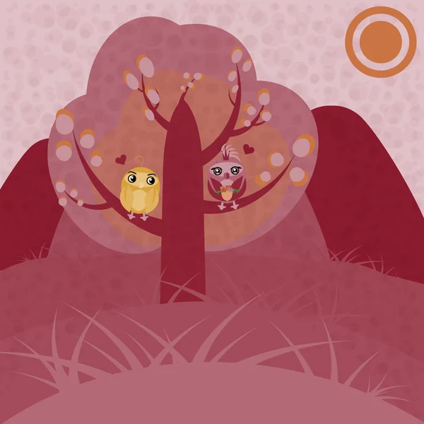 Dos búhos enamorados en un árbol — Vector de stock