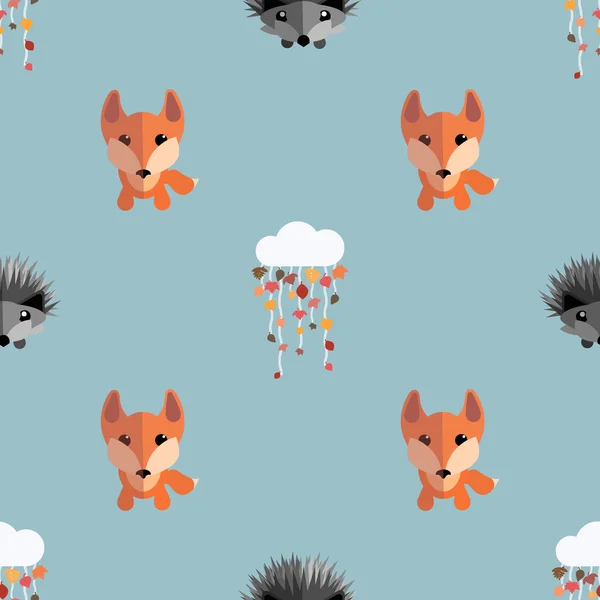 Kirpi, tilki, bulutlar ve yaprakları seamless modeli