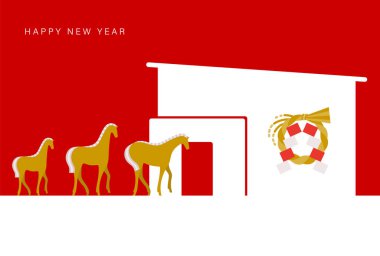 Yılbaşı kartı materyali: Bir ev ve üç yürüyen at (aileler, konut, sigorta ve finans için) içeren sıcak bir Yeni Yıl tasarımı)
