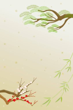 Çam, bambu, erik çiçekleri ve dağınık altın folyodan oluşan rafine edilmiş bir Japon tarzı arka plan. Yılbaşı kartları, mevsimlik selamlar ve zarif Japon temalı tasarımlar için ideal..