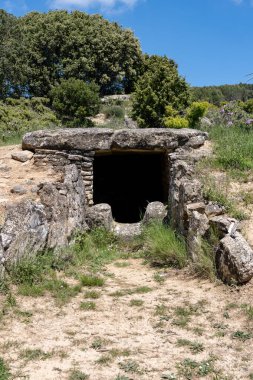 Entrance to the prehistoric Longar hypogeum, a megalithic collective burial chamber in Viana, Spain