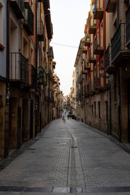 İspanya 'nın tarihi Logrono kasabasında geleneksel balkonları olan dar kaldırım taşı caddesi.