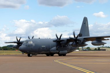RAF Fairford, Gloucestershire, England, UK - July 21 2025: A USAF 32nd Special Operations Wing/ 67th Special Operations Squadron Lockheed Martin MC-130J Commando II (05937) taxiing to depart the 2025 Royal International Air Tattoo