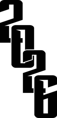 Mutlu yıllar 2026 dikey tipografi tasarımı. 2026 sayısının vektör illüstrasyonu dikey olarak istiflenmiş. Yan afişler için mükemmel.