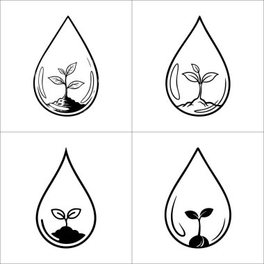 Bitki filizli su damlası ikonları. Yeni yaşam, büyüme, saflık ve temiz su kavramı. Suyu, ekolojiyi ve doğa sembolünü koru.