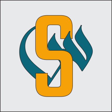 Yaratıcı harf S ve Arapça harf Seen () logo. Mavi ve turuncu iki dilli monogram.