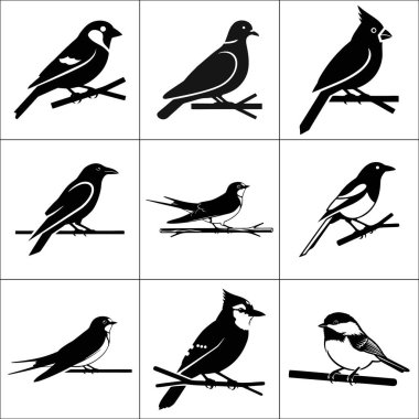 Dalların üzerine tünemiş dokuz kuş siluetinden oluşan bir ızgara, temiz ve basit çizgilerle siyah ve beyaz renklendirilmiş.