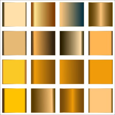 16 kare, bir ızgara deseninde altın ve bronz renk varyasyonları, gradyanlar ve metalik efektleri gösterir