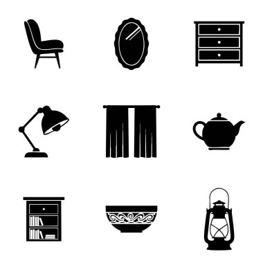 Beyaz arka planda bir şebeke şeklinde gösterilen mobilya ve ev eşyalarının bir koleksiyonu.