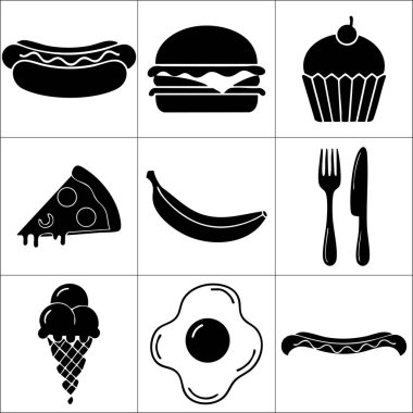 Sosisli, hamburger, pizza, muz ve dondurma külahı gibi siyah beyaz yemek simgeleri..