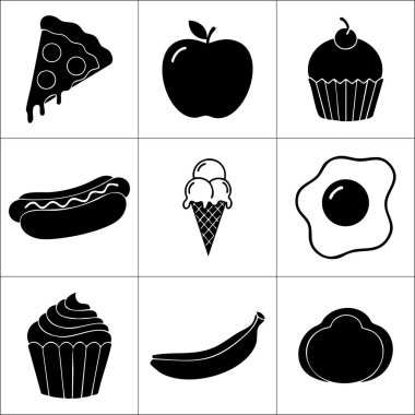 Siyah-beyaz yiyecek ikonlarından oluşan bir ızgara. Pizza, elmalı kek, sosisli dondurma, dondurma, yumurta ve muz da dahil.