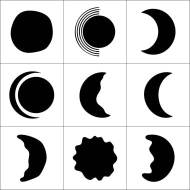 Farklı ay evrelerini ve dairesel soyut şekilleri gösteren dokuz siyah şekilli grafik çizimi