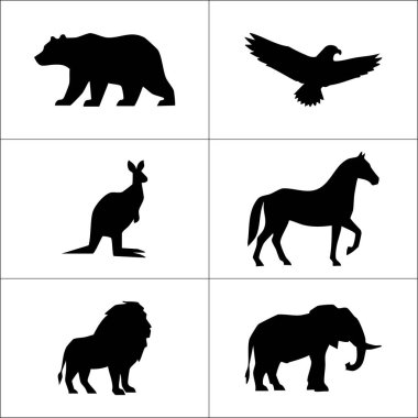 Beyaz arka planda bir ayı, kartal, kanguru, at, aslan ve fil.