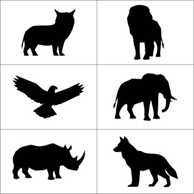 Bu resim altı hayvan siluetini gösteriyor: bir kurt aslan kartal fil gergedanı ve beyaz arka planda başka bir kurt.