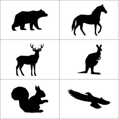 Bir ayı, at, geyik, kanguru, sincap ve siyah-beyaz bir kartal gibi hayvan siluetleri.