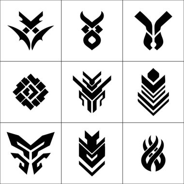 Altı soyut siyah-beyaz geometrik sembol, kabile işaretlerine, runik yazılara ya da biçimlendirilmiş hayvan figürlerine benziyor..