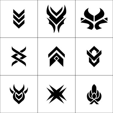 Keskin açılar, ok başları ve kanat benzeri desenlerle karakterize edilmiş altı soyut siyah ve beyaz geometrik sembol.