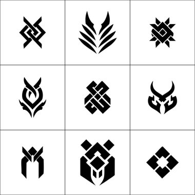 Keskin açılı ve bitkileri andıran altı soyut siyah-beyaz geometrik sembol ve bazı motifler.