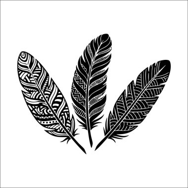 Siyah ve beyaz tüylerin üç dekoratif çizimi, kanatlar üzerinde karmaşık desenler ve tasarımlar içeriyor..