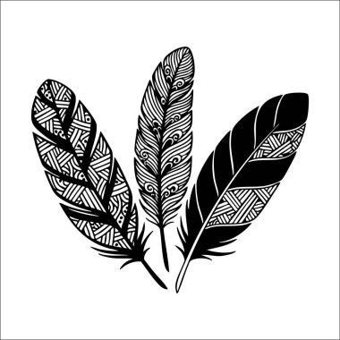 Siyah ve beyaz renkli, belirgin çizgiler, noktalar ve çizgi desenleriyle karakterize edilmiş üç tüy çiziminden oluşan bir set..