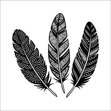 Siyah beyaz üç süslü tüy çizimi, karmaşık iç desenler ve katmanlı bir görünüm sergiliyor..