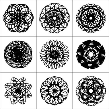 Siyah-beyaz altı dairesel soyut desenli bir set. Radyal simetri ve karmaşıklığın farklı şekillerini gösteriyor..