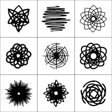 Siyah beyaz altı soyut dairesel ve yıldız patlaması deseni, hepsi de güçlü yarıçaplı simetri ve keskin kenarlı..