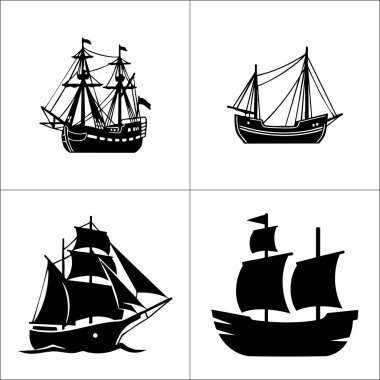 Dört siyah siluet simgesi, küçük teknelerden büyük, tam donanımlı gemilere kadar değişen farklı yelkenli gemiler..