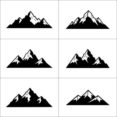 Dağ zirvelerinin altı siyah siluet simgesi, sıklıkla simetrik ya da katmanlı yamaçlar içerir..
