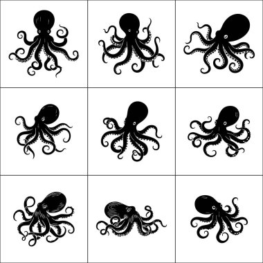 Ahtapotların dört siyah siluet simgesi, vücudu ve yayılan dokunaçları farklı pozisyonlarda gösteriyor..