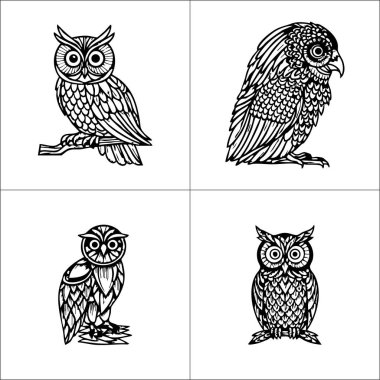 İki detaylı baykuş ve iki detaylı aslan, karmaşık iç desenlere sahip siyah beyaz resimli..