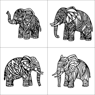 Büyük memelilerin farklı açılarını ve duruşlarını gösteren dört detaylı siyah-beyaz fil çizimi..