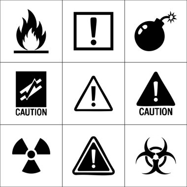 Yaygın tehlikeleri temsil eden altı siyah siluet simgesi: Ateş, ünlem işareti, bomba ve çeşitli üçgen uyarı işaretleri.