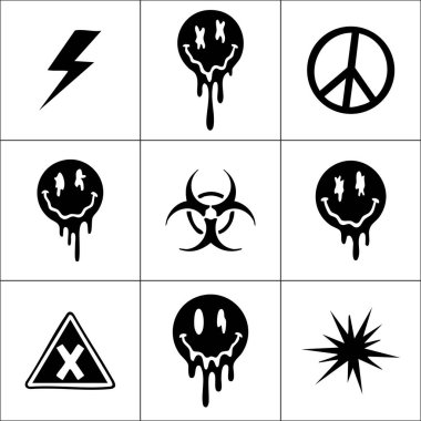 Altı siyah beyaz simge yıldırımları, biyolojik tehlike sembollerini, barış işaretlerini ve uyarı üçgenlerini birleştiriyor..