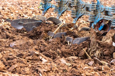 Büyük, modern bir traktör tarlayı sürerek toprağı ağır bir sabanla çevirir. Görüntü, güçlü tarım makinelerini, tarım arazilerini ve kırsal alandaki saha çalışmalarının başlangıcını gösteriyor..