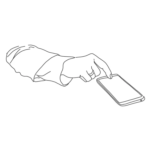 Hermosa mano femenina presiona en la pantalla del teléfono — Vector de stock