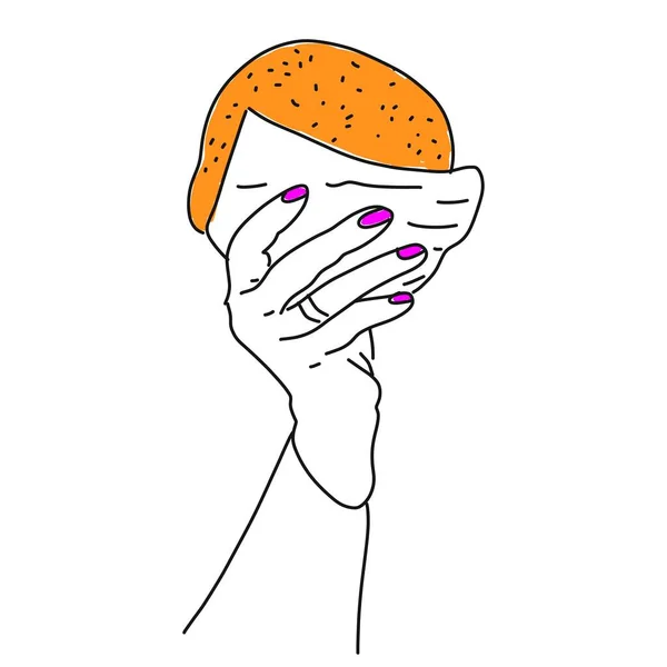 Tangan womans memegang hamburger di serbet - Stok Vektor