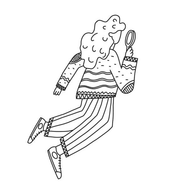 Frau zieht sich warm an und springt mit Lupe — Stockvektor