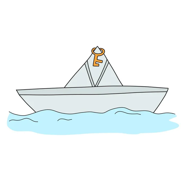 Un bateau en papier avec une clé flotte sur l'eau — Image vectorielle