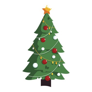 Renkli ip ışıklarıyla süslenmiş yeşil bir Noel ağacı tasviri. Ağacın çizgi film tarzı var..