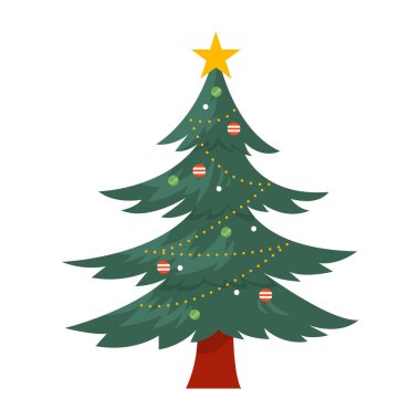 Üstünde kırmızı bir fiyonk olan süslü Noel ağacı çizimi. Ağaçta yeşil dallar var..