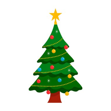 Üstünde altın bir yıldızın olduğu süslü bir Noel ağacının tasviri. Ağaç kırmızı fiyonklarla süslenmiş..