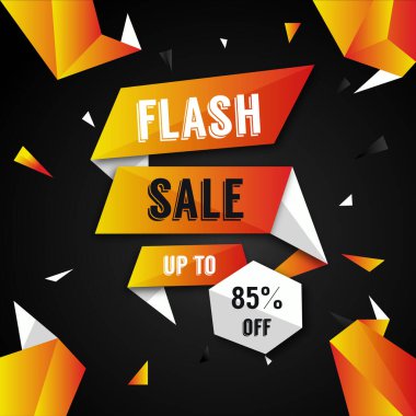 Siyah arka planda canlı kırmızı, sarı ve turuncu geometrik şekilli flaş satışı grafikleri. Kalın beyaz metin büyük harflerle 