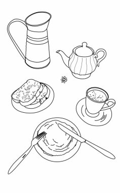 Yemek masasında duran çaydanlıkların siyah beyaz çizimi.